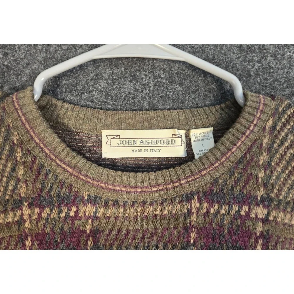 Vintage John Ashford Mens Plaid Wool Blend Grandpa Sweater Size L Crew Neck